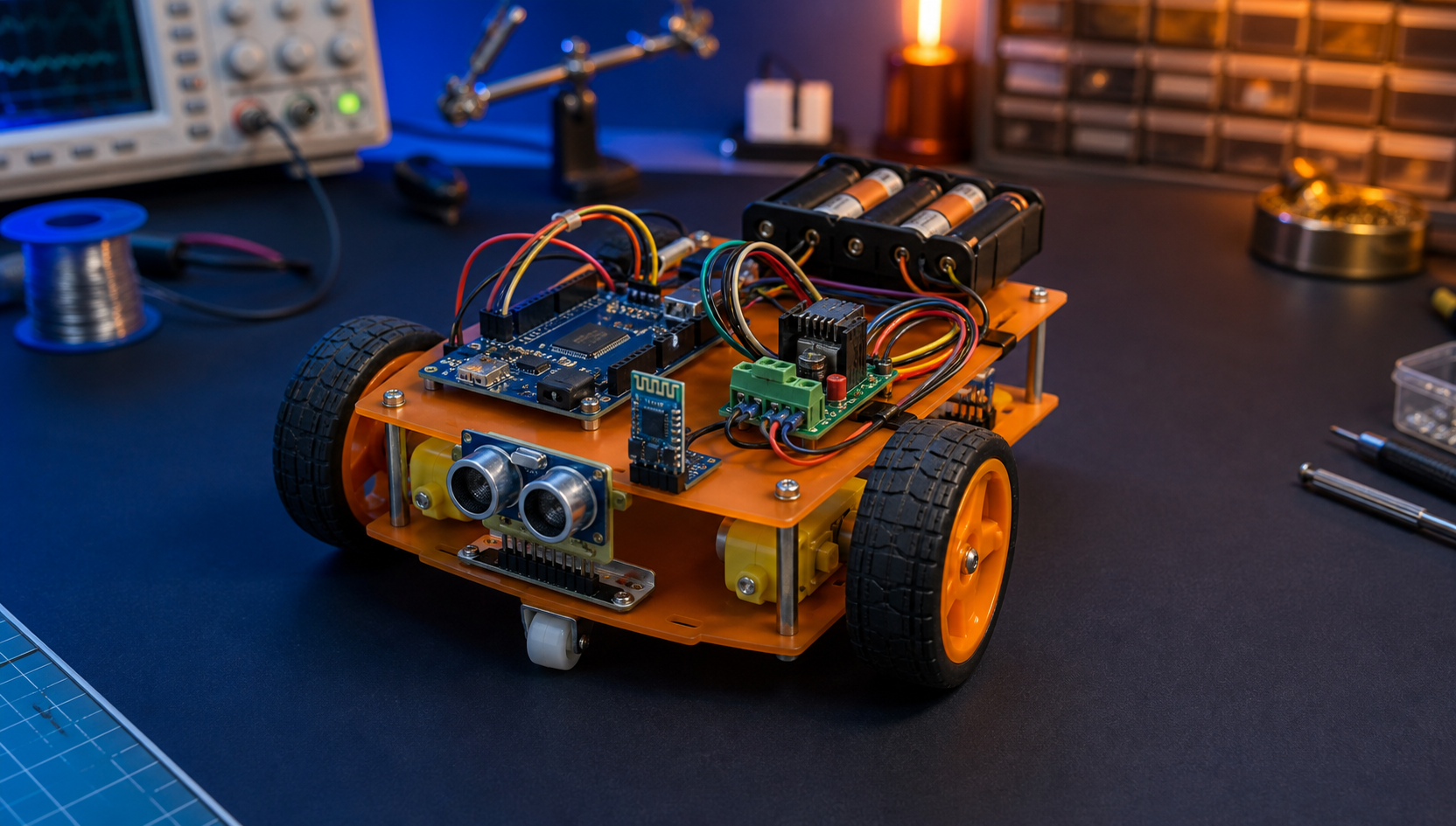 Arduino-compatible Bluetooth robotic car prototype with ultrasonic sensor and motor control